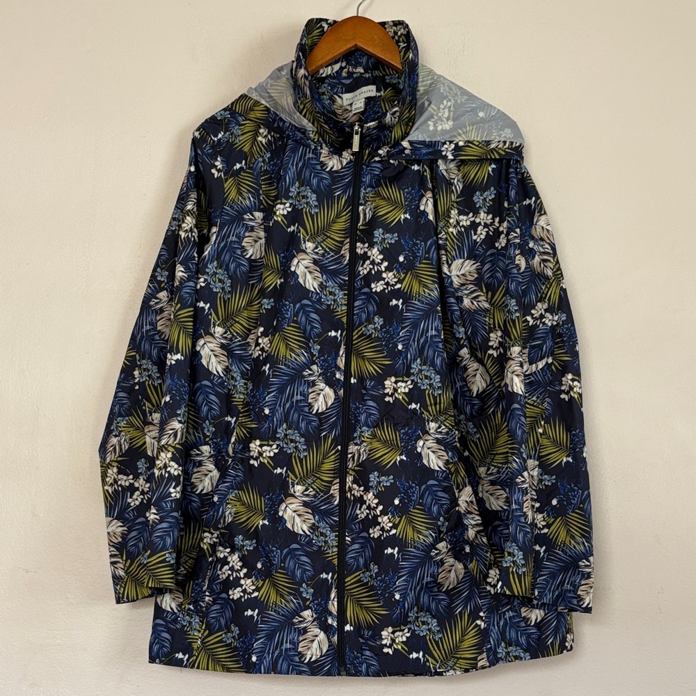 Susan Graver Navy Tropical-Print Packable Raincoat with Green Accents